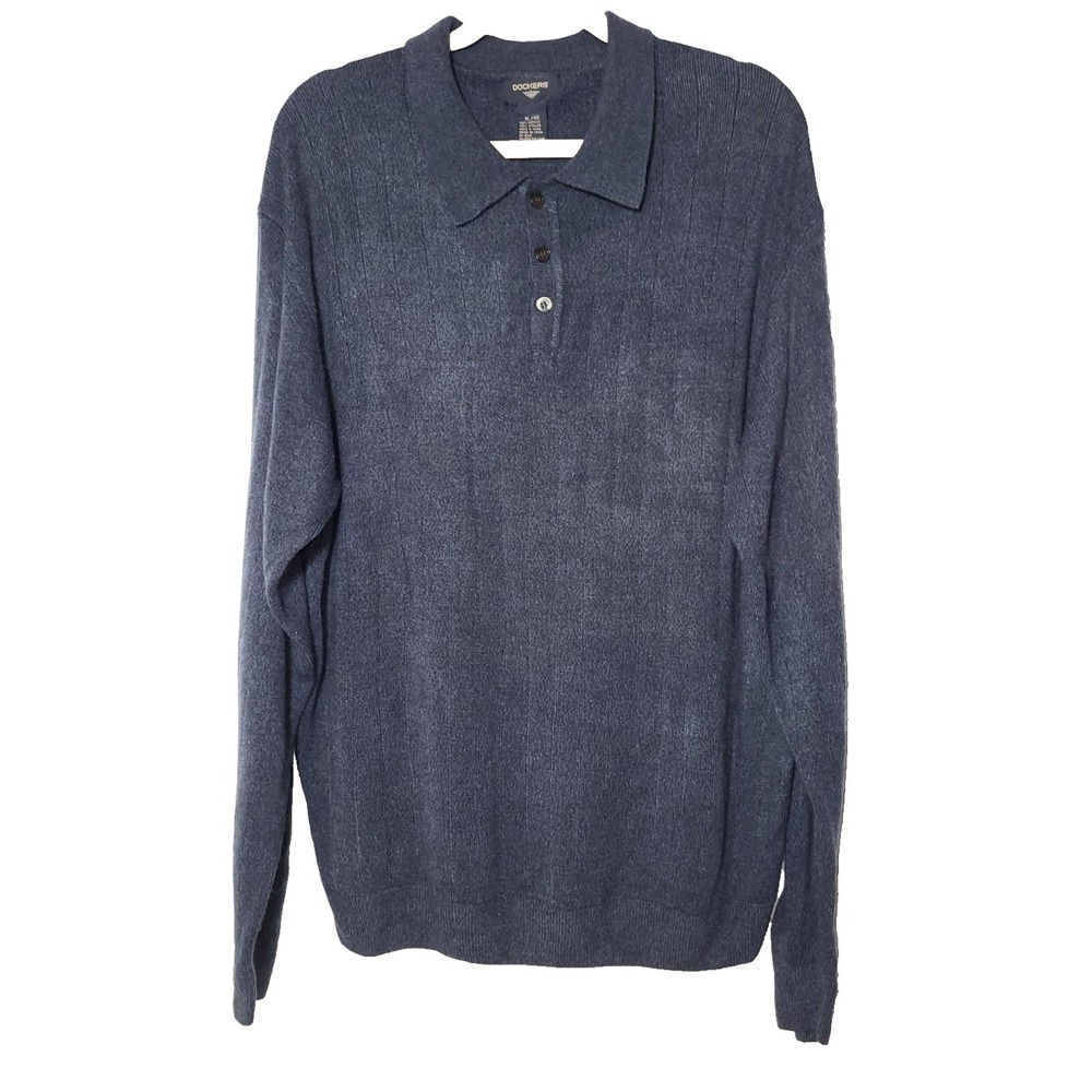 Dockers Blue Ribbed Soft Polo Long Sleeve Sweater Ribbed Collar/Cuff ‎ Size XL